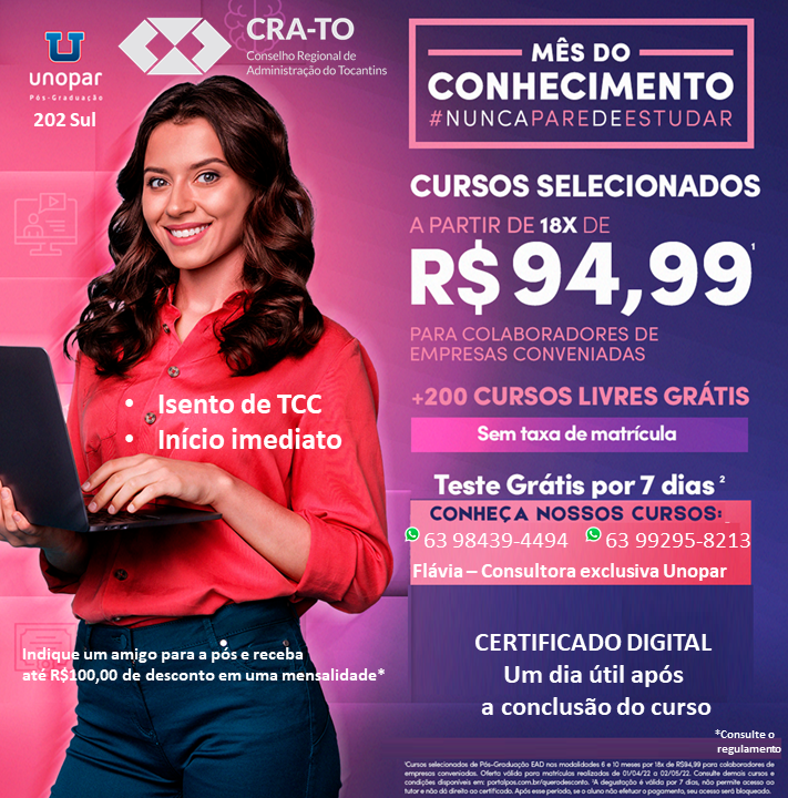 Parceria CRA-TO: UNOPAR – desconto na Pós-Graduação EAD – CRA-TO