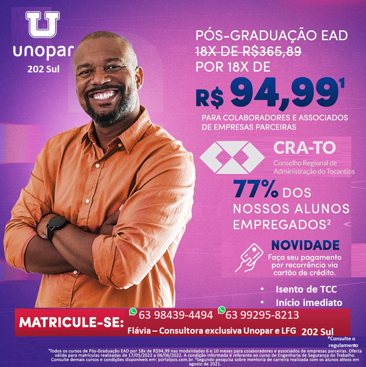 Parceria CRA-TO: UNOPAR – desconto na Pós-Graduação EAD – CRA-TO