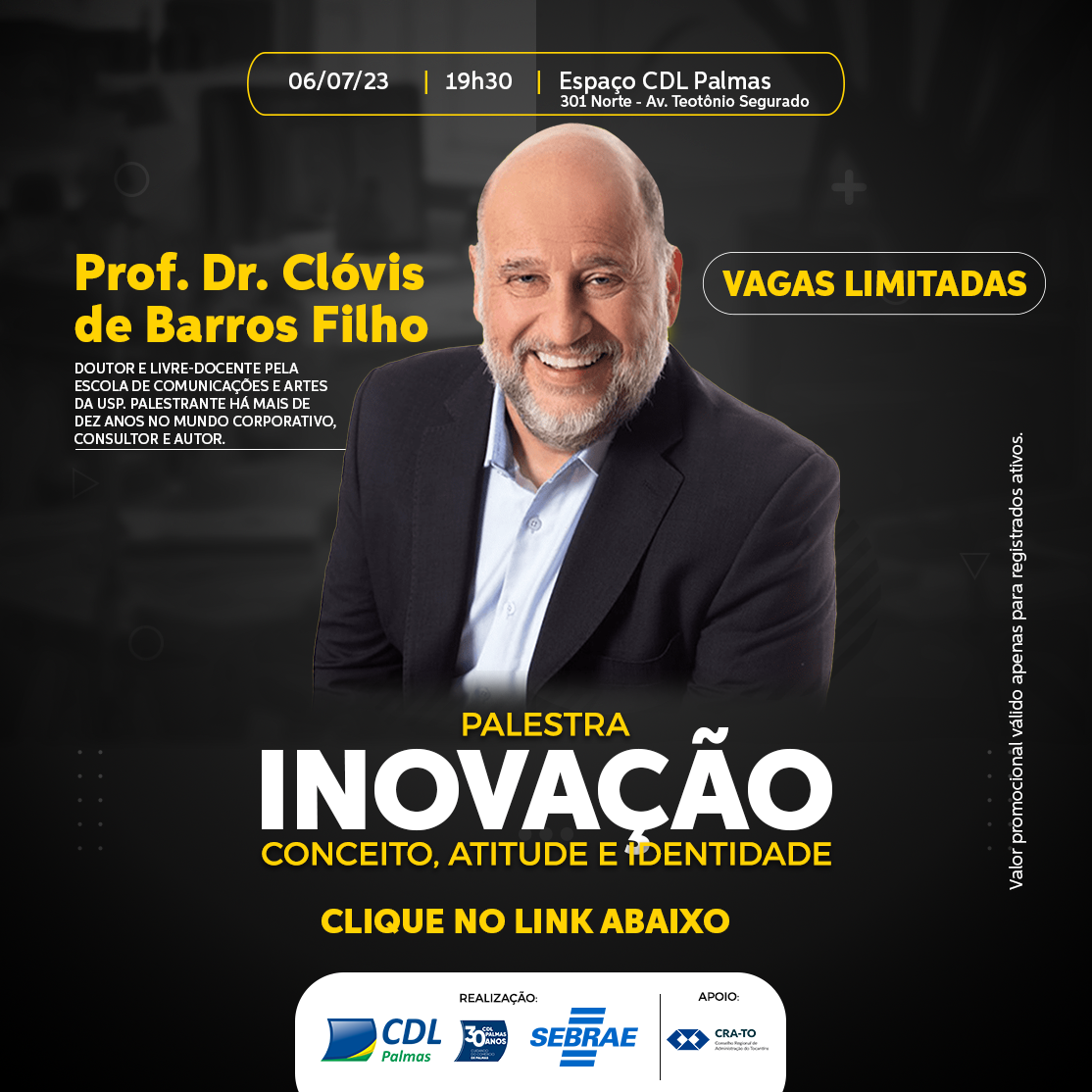 Read more about the article Evento Imperdível: Palestra de Clóvis de Barros Filho com Desconto Exclusivo para Profissionais Registrados no CRA-TO!
